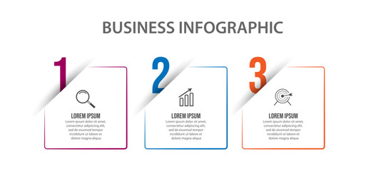 Aufkleber - Simple infographic business with 3 parts or steps, there are icons, text, numbers. Can be used for presentation banners, workflow layouts, process diagrams, flow charts, infographics, your business pr