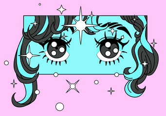Leinwandbilder - Close-up of a character with big shiny anime eyes and blue hair.