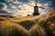 A pastoral scene  a majestic windmill surrounded by a symphony of blossoming, fragrant wildflowers.