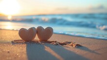 Hearts In The Sand On The Beach With Blurred Background, Ocean Beach Nature Love Concept