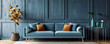 Minimalist loft home interior design featuring a blue sofa against a paneled wall in the modern living room 