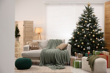 Poster - Christmas tree in room decorated for holiday. Festive interior design