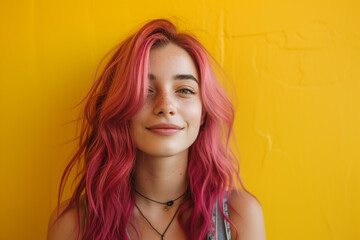 Closeup of happy attractive young woman with long wavy red hair wears stylish t shirt looks happy and smiling isolated over purple background.