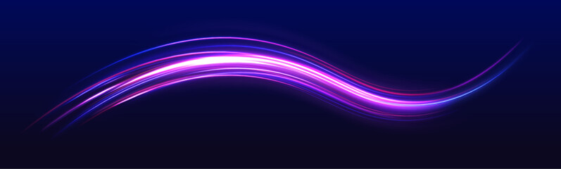 Aufkleber - Abstract energy in the form of stripe, arc, curl and zigzag in neon colors with light effect. Acceleration speed motion on night road. Bright sparkling background.	