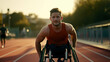 Caucasian male wheelchair athlete competing on a running track.