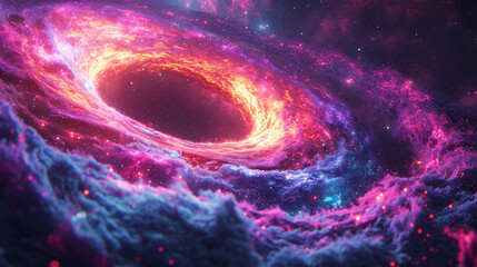 Poster - A vibrant torus-shaped planet with a rainbow of LEDs, near a black hole.