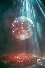 Poster - A geometric sphere with a grid of bright white LEDs, in a cosmic void.