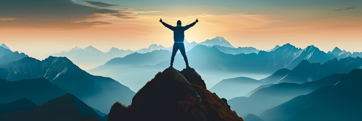 Wall Mural - Positive man celebrating on mountain top, with arms raised up, illustration