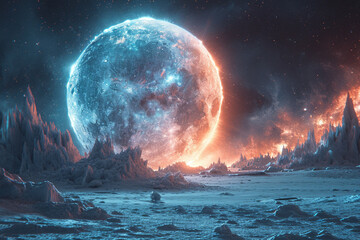 Poster - A crystal-like planet with sharp edges and bright LEDs, near a comet tail.