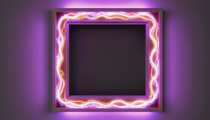 electrically illuminated empty frame with burning flame sign on glowing round border. blank rectangl