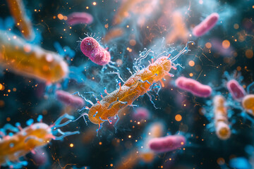 Poster - Abstract depiction of antibiotics attacking a cluster of bacteria.