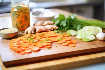 Wall Mural - board with sliced carrots and ginger ready for fermenting