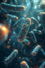 Poster - Antibiotics visualized as light beams targeting dark pathogenic structures.