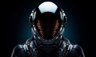 Wall Mural - Futuristic astronaut fashion, symetrical, front view, an astronaut with a metal chrome space suit, epic, cinematic, vibrant, luminous, photography, detail, black background. Generative Ai

