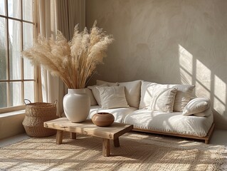 two white vases on the table in a living room, in the style of soft, dream-like quality, contemporary, beige, pure color