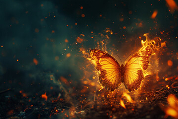 Poster - A butterfly emerging from flames, symbolizing rebirth and transformation.