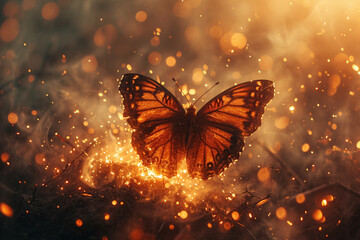 A fiery butterfly gliding through a dance of sparks and embers.