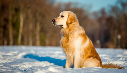 Wall Mural - A golden retriever in the snow in a sunny day