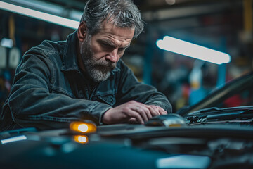 Poster - A middle-aged man inspects a car in a car repair shop