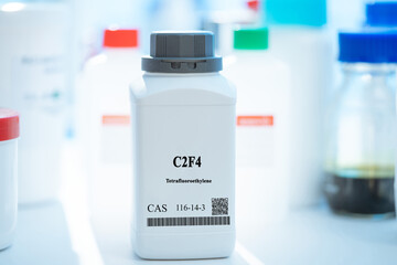 Poster - C2F4 tetrafluoroethylene CAS 116-14-3 chemical substance in white plastic laboratory packaging