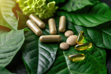 Wall Mural - Natural supplements for a healthy good life. Alternative medicine organic capsules with vitamins, drugs with herbs leaves