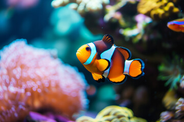 Poster - Beautiful colorful sea fish live in an aquarium among various algae and corals. Rare fish s Red Amphiprion Clown fish.