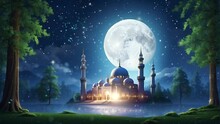 The Mosque Is In The Middle Of The Forest At Night. Cartoon And Anime Vector Painting Illustration Hand Drawn Style. Looping Video 4k With Animation Background.