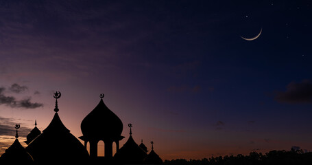 Wall Mural - silhouette dome mosques on twilight sky and crescent moon, religious of islamic well space for text 