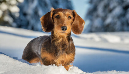 Wall Mural - A happy wire-haired dachshund in the snow in a sunny day