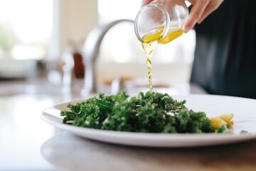 Wall Mural - raw kale being sprayed with olive oil for chips