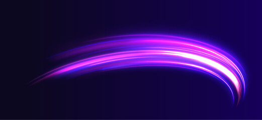 Poster - Creative vector illustration of flying cosmic meteor, planetoid, comet, fireball isolated on transparent background. Futuristic neon light effect. Speed of light concept background.	