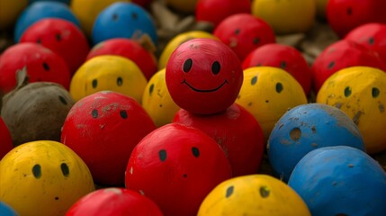 Happy red smile on a smiling face ball surrounded by colorful spheres