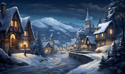 Wall Mural - Snowy village with illuminated windows on a cold winter night. Generative Ai

