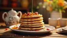 Delicious Breakfast Spread Featuring Fluffy Pancakes, Golden Waffles, Syrup, And Coffee