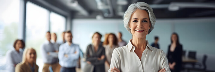 Smiling confident senior executive woman smiling in front of her team in open space workplace