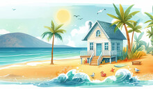 Illustration Of A Wooden Cottage With A Blue Tile Roof On The Seashore. Palm Trees Grow And Birds Fly Around The House