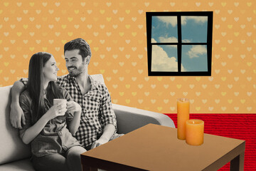 Sticker - Creative collage banner image young beautiful woman man marriage rest sofa drink cup candle fire sky window cloud template