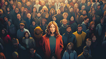 Standing Out From The Crowd Concept With Woman Looking At Camera From Large Crowd Of People, Illustration