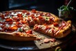 Close up of a delicious supreme pizza with a lifted slice, illuminated by bright light
