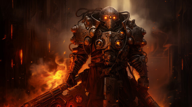 Warrior with dark military dress in cyberpunk style, halloween motive