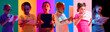 © master1305 - Collage. Children, boys and girls using gadgets, tablet over multicolored background in neon light. Online games, education. Concept of childhood, emotions, lifestyle, modern technologies