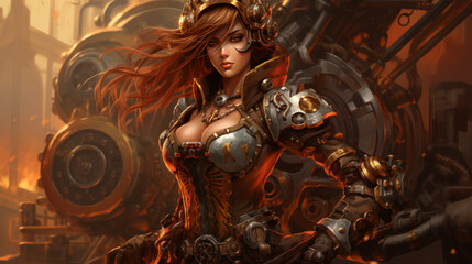 Wall Mural - Woman with dark military dress in steampunk style, halloween motive