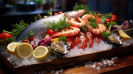 Fresh seafood on the market: sea fish, shrimps, sea urchin roe, lobsters, shells. Counter with ice close-up photo. Horizontal banking for web. Photo AI Generated