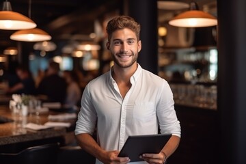 Wall Mural - Young sympathetic successful man holding laptop in nice restaurant and smiling 