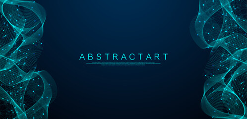 Vector connections of lines and dots. Technology banner template. Graphic abstract background communication. Minimal array with compounds lines and dots. Digital data visualization