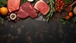 © Anastasia - Product concept on a gold-black background: rosemary, tomatoes, red meat, spices. Photo mockup, top view. Horizontal banking for web. Photo AI Generated