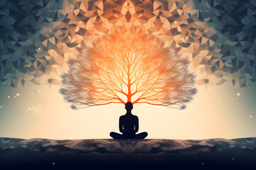 Wall Mural - Inspire mindfulness with a powerful image. A person meditating, an abstract tree flourishing, leaves depicting a cascade of mindful and reflective thoughts.