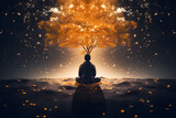 Fototapeta Uliczki - Illustrate the transformative power of mindfulness. A person in meditation, an abstract tree emerging, each leaf embodies a profound mindful thought.