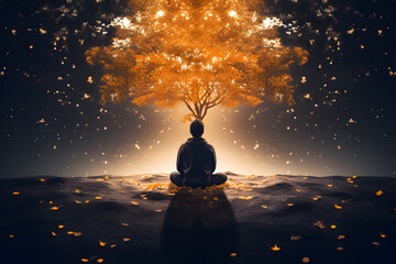 Illustrate the transformative power of mindfulness. A person in meditation, an abstract tree emerging, each leaf embodies a profound mindful thought.