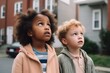 shot of two children looking confused while standing outside